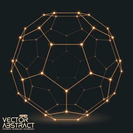 Abstract vector mesh sphere constructed with connected glowing points on dark background. Futuristic technology style. Elegant background for business presentations.のイラスト素材