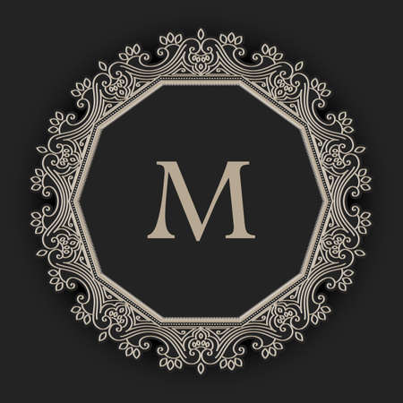 Vector floral and geometric monogram frame on dark gray background. Monogram design element. Vintage styled initial decoration.のイラスト素材