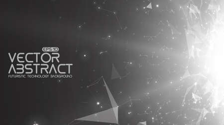 Abstract vector space monochrome background. Chaotically connected points and polygons flying in...