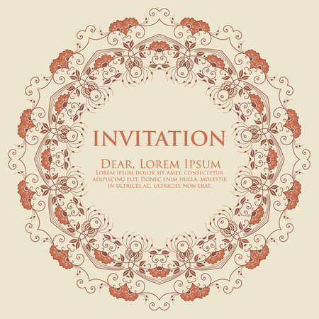 Wedding invitation and announcement card with ornamental round lace with arabesque elements. Mehndi style. Orient traditional ornament. round colored floral ornament.のイラスト素材