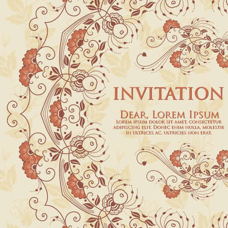 Wedding invitation and announcement card with ornamental round lace with arabesque elements. Mehndi style. Orient traditional ornament.  round colored floral ornament.のイラスト素材
