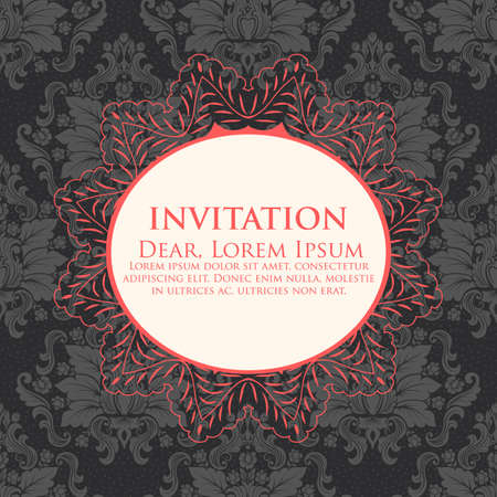 Wedding invitation and announcement card with vintage background artwork. Elegant ornate damask background. Elegant floral abstract ornament. Design template.のイラスト素材