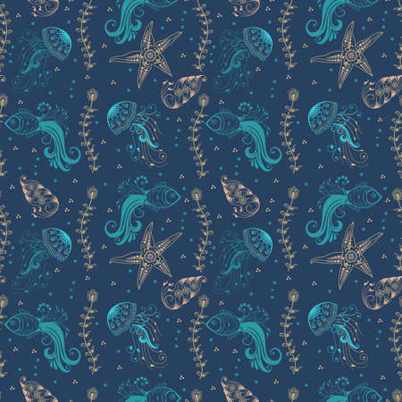 Vector abstract pattern background with marine creatures in indian mehndi style. Abstract henna floral vector illustration.のイラスト素材