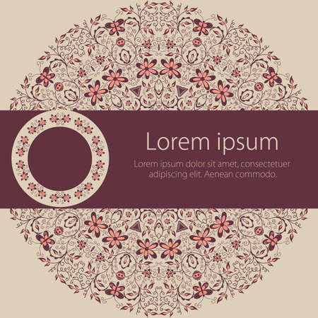 Wedding invitation and announcement card with ornamental round lace with arabesque elements. Mehndi style. Orient traditional ornament.  round colored floral ornament.のイラスト素材