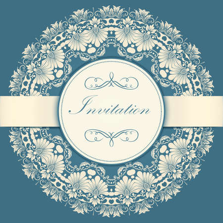 Wedding invitation and announcement card with ornamental round lace with arabesque elements. Mehndi style. Orient traditional ornament.  round colored floral ornament.のイラスト素材