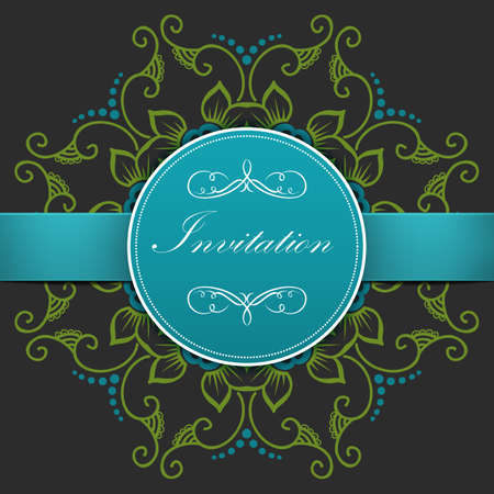 Wedding invitation and announcement card with ornamental round lace with arabesque elements. Mehndi style. Orient traditional ornament.  round colored floral ornament.のイラスト素材