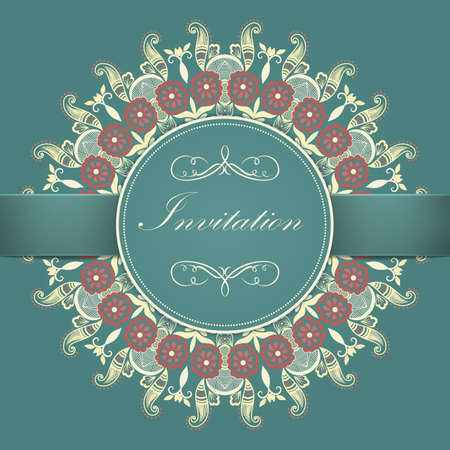 Wedding invitation and announcement card with ornamental round lace with arabesque elements. Mehndi style. Orient traditional ornament.  round colored floral ornament.のイラスト素材