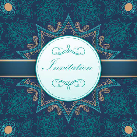 Wedding invitation and announcement card with ornamental round lace with arabesque elements. Mehndi style. Orient traditional ornament. round colored floral ornament.のイラスト素材