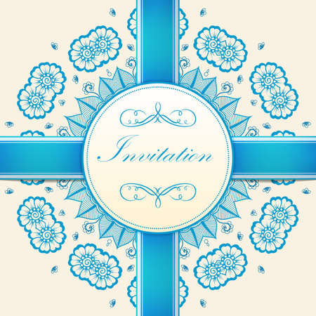 Wedding invitation and announcement card with ornamental round lace with arabesque elements. Mehndi style. Orient traditional ornament.  round colored floral ornament.のイラスト素材