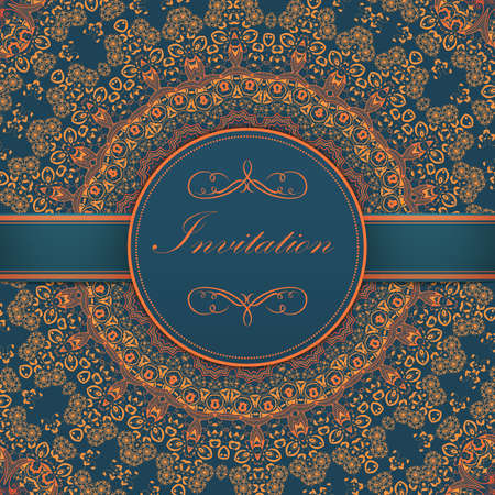 Wedding invitation and announcement card with ornamental round lace with arabesque elements. Mehndi style. Orient traditional ornament. round colored floral ornament.のイラスト素材