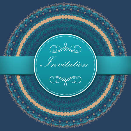 Wedding invitation and announcement card with ornamental round lace with arabesque elements. Mehndi style. Orient traditional ornament.  round colored floral ornament.のイラスト素材