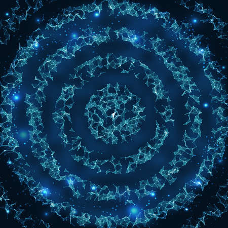 Abstract vector mesh background. Chaotically connected points and polygons flying in space. Flying debris. Futuristic technology style card. Lines, points, circles and planes. Futuristic design.のイラスト素材