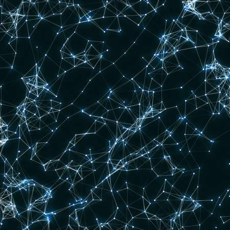 Abstract vector mesh background. Chaotically connected points and polygons flying in space. Flying debris. Futuristic technology style card. Lines, points, circles and planes. Futuristic design.のイラスト素材