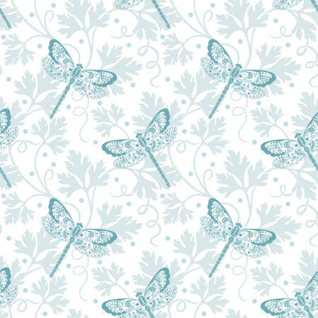 Vector flower seamless pattern background. Elegant texture for backgrounds. With dragonfly and parsley.のイラスト素材