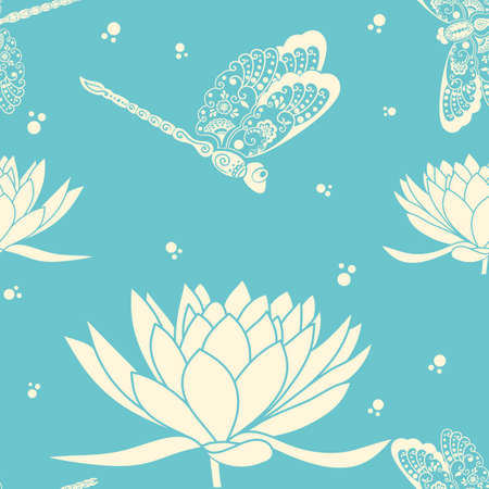 Vector flower seamless pattern element. Elegant texture for backgrounds. With dragonfly and lotus flower.のイラスト素材