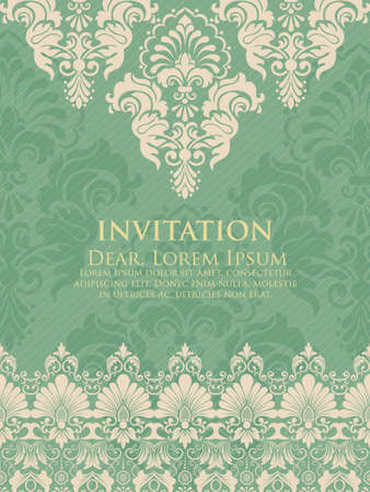 Wedding invitation and announcement card with vintage background artwork. Elegant ornate damask background. Elegant floral abstract ornament. Design template.のイラスト素材