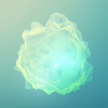 Abstract vector polygonal cyber sphere. Triangle spherical mesh background. Futuristic 3D illuminated distorted sphere of glowing particles and polygons. Digital splash. UI or HUD element.のイラスト素材