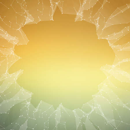 Abstract vector mesh background. Chaotically connected points and polygons flying in space. Flying debris. Futuristic technology style card. Lines, points, circles and planes. Futuristic design.のイラスト素材