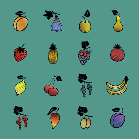 Set of vector fruits and berries. Hand drawn fruits and berries icons.のイラスト素材
