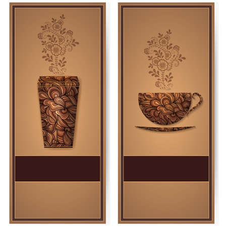 Vector coffee background with floral pattern elements. Template for card or menu. Elegant coffee vector elements. Design elements.のイラスト素材