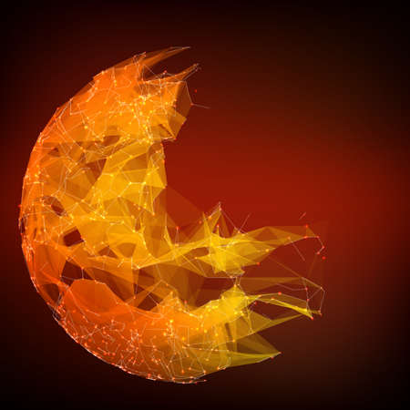 Abstract vector polygonal cyber red sphere. Triangle spherical mesh background. Futuristic 3D illuminated distorted sphere of glowing particles and polygons. Digital splash. UI or HUD element.のイラスト素材