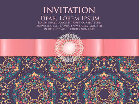 Wedding invitation and announcement card with ornament in Arabian style. Arabesque pattern. Eastern ethnic ornament. Elegant texture for backgrounds. Design template.のイラスト素材