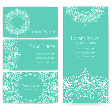 Wedding invitation and announcement card with ornamental round lace with arabesque elements. Mehndi style. Orient traditional ornament. Zentangle-like round colored floral ornament.のイラスト素材