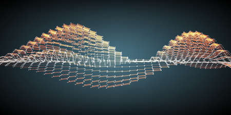 Abstract vector orange wave mesh background. Point cloud array. Chaotic light waves. Technological...