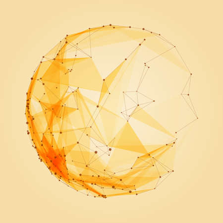 Abstract vector polygonal cyber orange sphere. Triangle spherical mesh background. Futuristic 3D illuminated distorted sphere of glowing particles and polygons. Digital splash. UI or HUD element.のイラスト素材