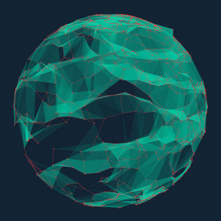 Abstract vector polygonal cyber green sphere. Triangle spherical mesh background. Futuristic 3D illuminated distorted sphere of glowing particles and polygons. Digital splash. UI or HUD element.のイラスト素材