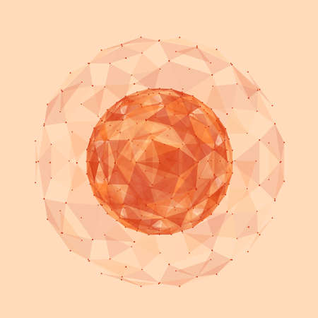 Abstract vector polygonal cyber sphere. Triangle spherical mesh background. Futuristic 3D illuminated distorted sphere of glowing particles and polygons. Digital splash. UI or HUD element.のイラスト素材