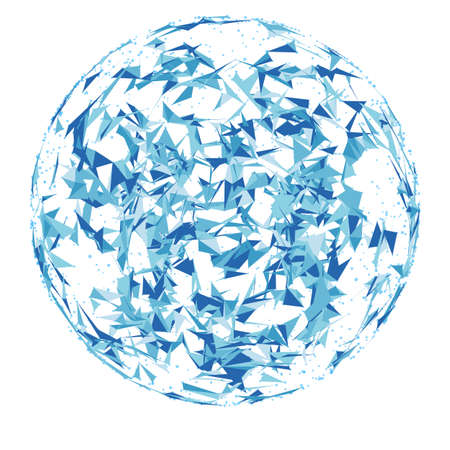 Abstract vector polygonal cyber sphere. Triangle spherical mesh background. Futuristic 3D illuminated distorted sphere of glowing particles and polygons. Digital splash. UI or HUD element.のイラスト素材