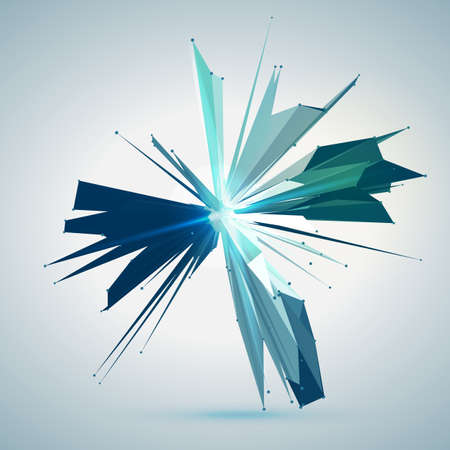 Abstract vector mesh star. Chaotically connected points and polygons flying in space. Flying debris. Futuristic technology style card. Lines, points, circles and planes. Futuristic design.のイラスト素材