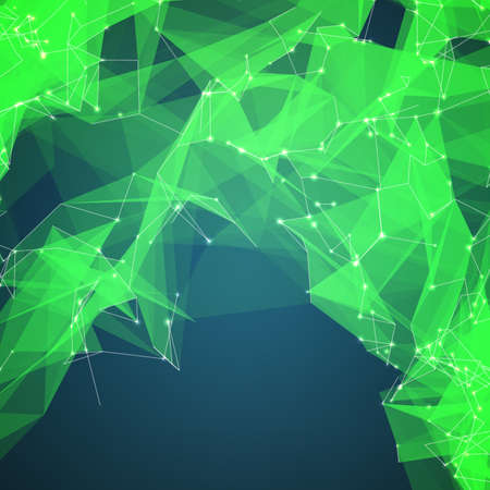 Abstract vector mesh background. Chaotically connected points and polygons flying in space. Flying debris. Futuristic technology style card. Lines, points, circles and planes. Futuristic design.のイラスト素材