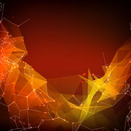Abstract vector red mesh background. Chaotically connected points and polygons flying in space. Flying debris. Futuristic technology style card. Lines, points, circles and planes. Futuristic design.のイラスト素材