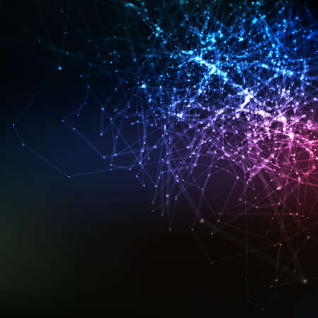 Abstract vector mesh background. Chaotically connected points and polygons flying in space. Flying debris. Futuristic technology style card. Lines, points, circles and planes. Futuristic design.のイラスト素材