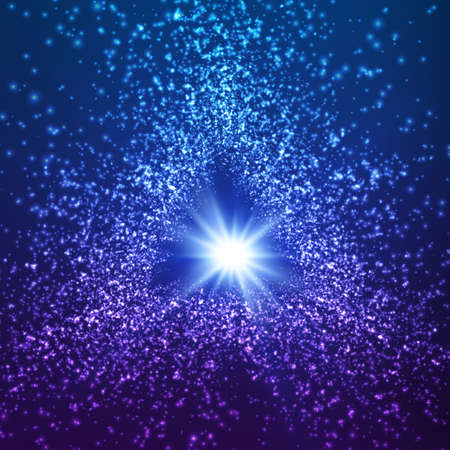 Blue vector triangle violet space background. Explosion of glowing particles. Christmas star. Futuristic technology style. Elegant background for business presentations or gift cards.EPS10のイラスト素材