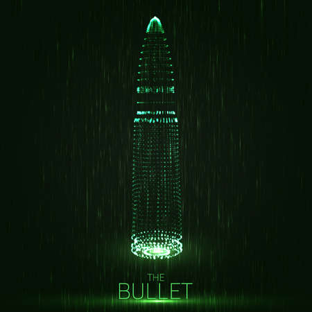 Abstract vector green background with glowing bullet. Cloud of shining points in the shape of a...