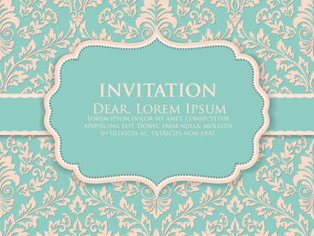 Wedding invitation and announcement card with vintage background artwork. Elegant ornate damask background. Elegant floral abstract ornament. Design template.のイラスト素材