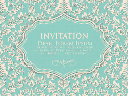 Wedding invitation and announcement card with vintage background artwork. Elegant ornate damask background. Elegant floral abstract ornament. Design template.のイラスト素材