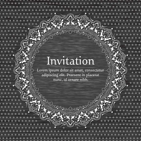 Wedding invitation and announcement card with ornamental round lace with arabesque elements. Mehndi style. Orient traditional ornament. Zentangle-like round colored floral ornament.のイラスト素材