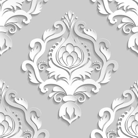 Vector damask seamless pattern element. Elegant luxury texture for wallpapers, backgrounds and page fill. 3D elements with shadows and highlights. Paper cut.のイラスト素材