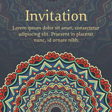 Wedding invitation and announcement card with ornamental round lace with arabesque elements. Mehndi style. Orient traditional ornament. Zentangle-like round colored floral ornament.のイラスト素材