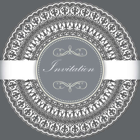 Wedding invitation and announcement card with ornamental round lace with arabesque elements. Mehndi style. Orient traditional ornament. Zentangle-like round colored floral ornament.のイラスト素材