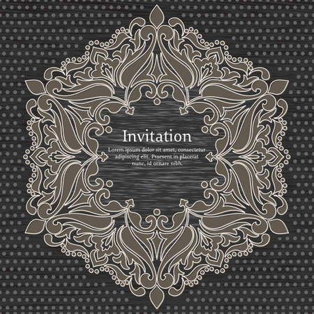 Wedding invitation and announcement card with ornamental round lace with arabesque elements. Mehndi style. Orient traditional ornament. Zentangle-like round colored floral ornament.のイラスト素材