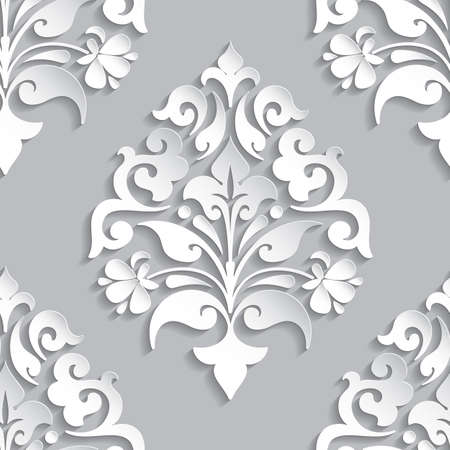 Vector damask seamless pattern element. Elegant luxury texture for wallpapers, backgrounds and page fill. 3D elements with shadows and highlights. Paper cut.のイラスト素材