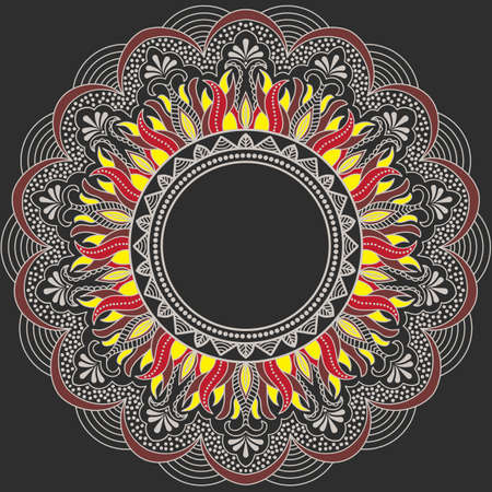 Vector ornamental round lace with damask and arabesque elements. Mehndi style. Orient traditional ornament. Zentangle-like round colored floral ornament.のイラスト素材