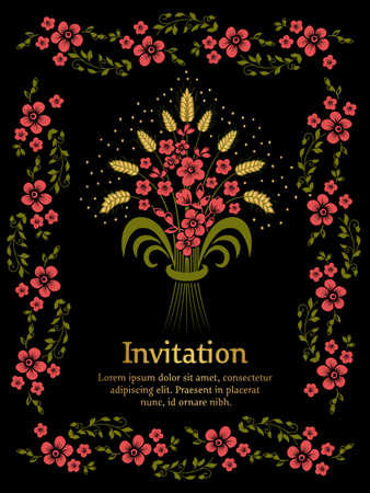 Wedding invitation and announcement card with floral background artwork. Elegant ornate floral background. Floral background and elegant flower elements. Design template.のイラスト素材