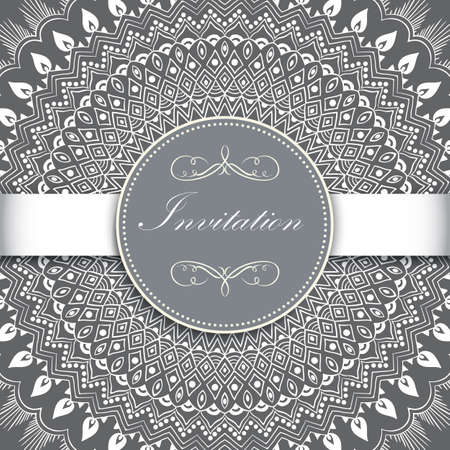 Wedding invitation and announcement card with ornamental round lace with arabesque elements. Mehndi style. Orient traditional ornament. Zentangle-like round colored floral ornament.のイラスト素材