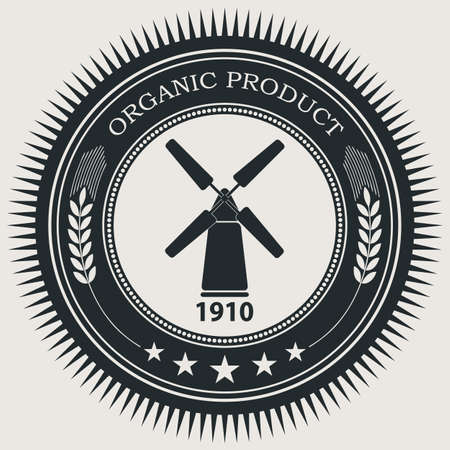 Vector retro styled badge with windmill symbol. Organic natural food sign.のイラスト素材